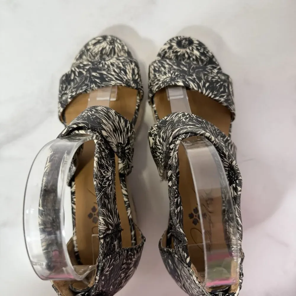 PATRICIA NASH Rubia Jute Wedge Sandal Size 6.5M Black Floral Leather Strappy EUC